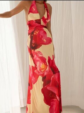 Halter Floral Maxi Dress in Pink and Cream